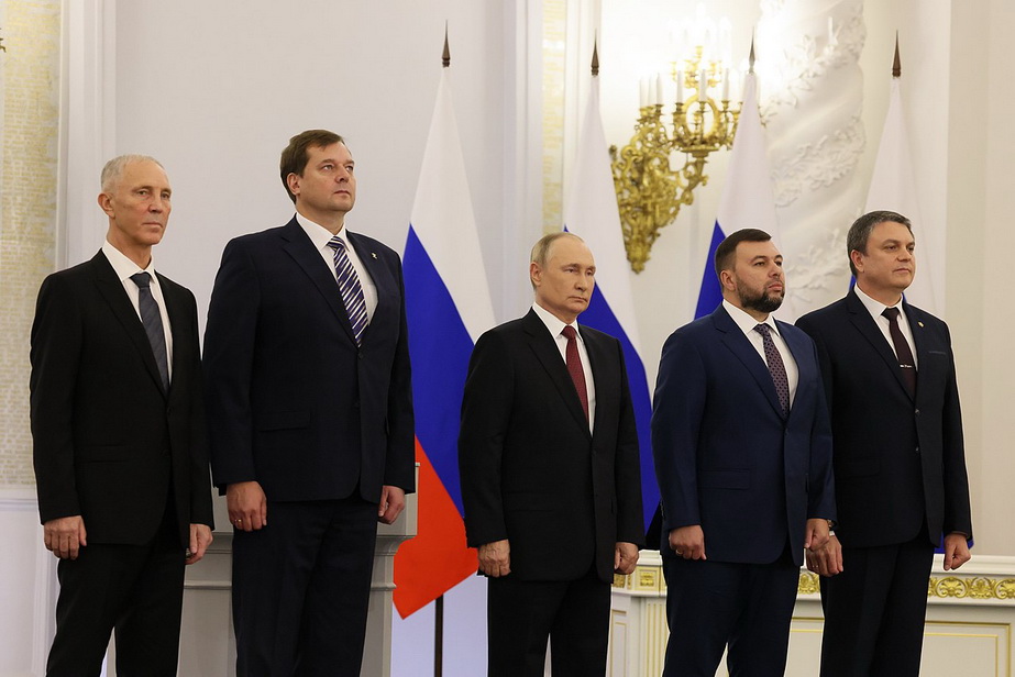 Євген Балицький з іншими очільниками окупаційних адміністрацій (Сальдо, Пушилін, Пасічник) на прийомі у Путіна. Фото: wikimedia.org