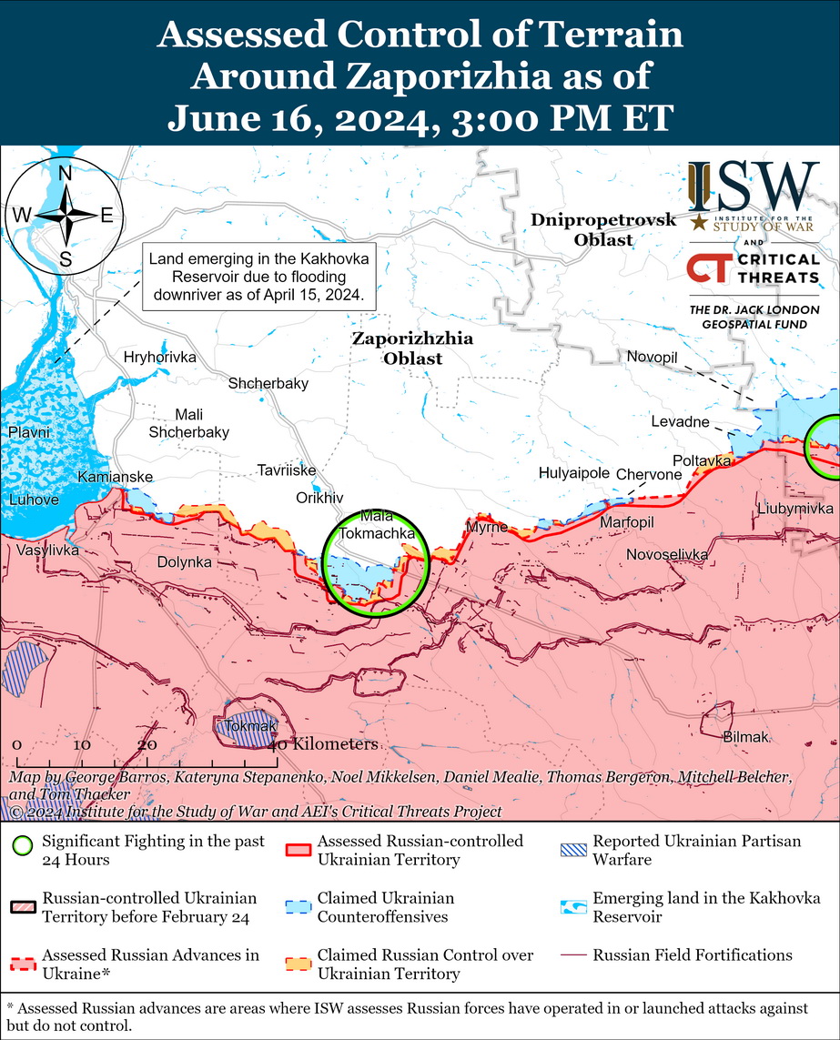 Лінія фронту на Запоріжжі на 16.06. 2024 р. Фото: understandingwar.org
