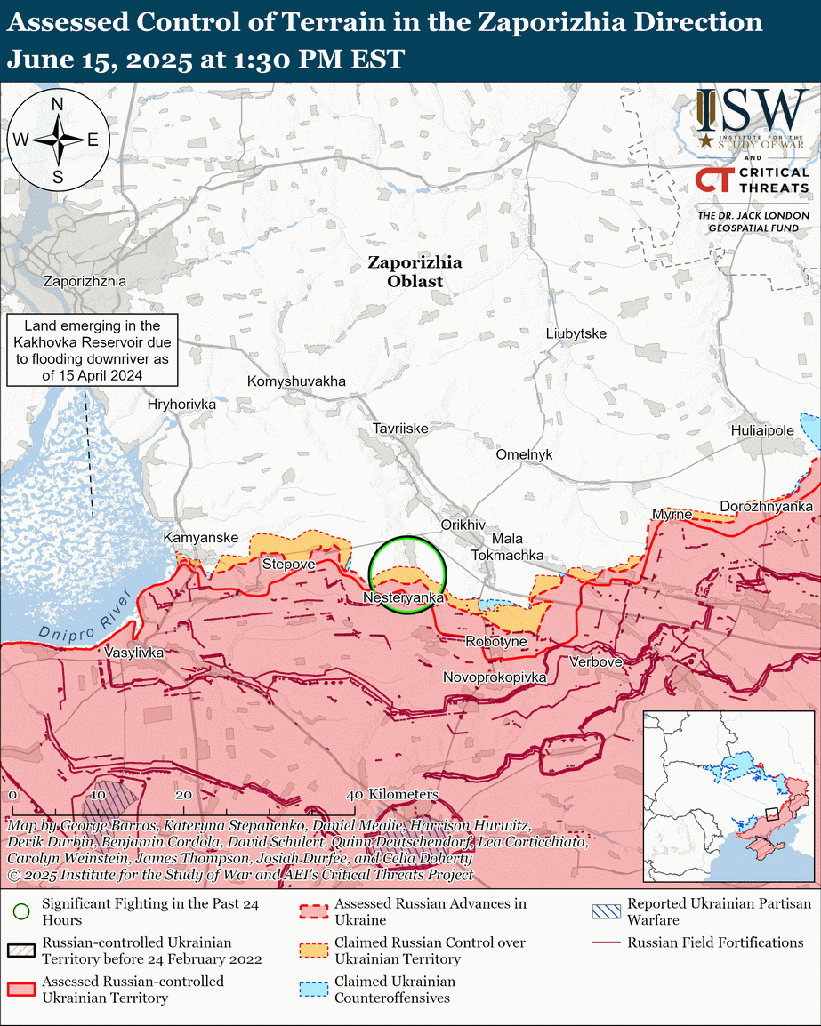 Лінія фронту на Запоріжжі на 15.06. 2025 р. Фото: understandingwar.org