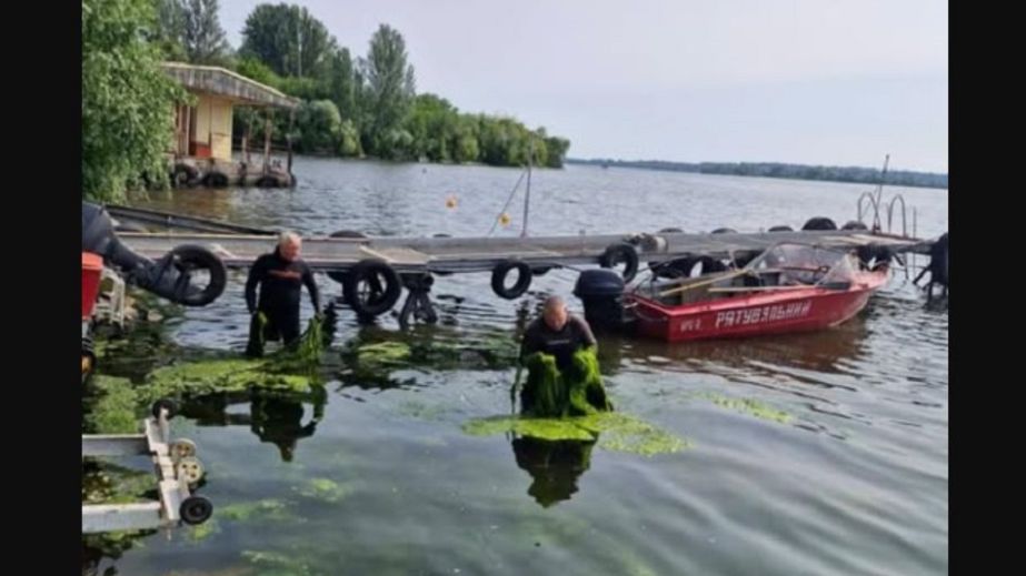 От водорослей очищают Днепр запорожские спасатели